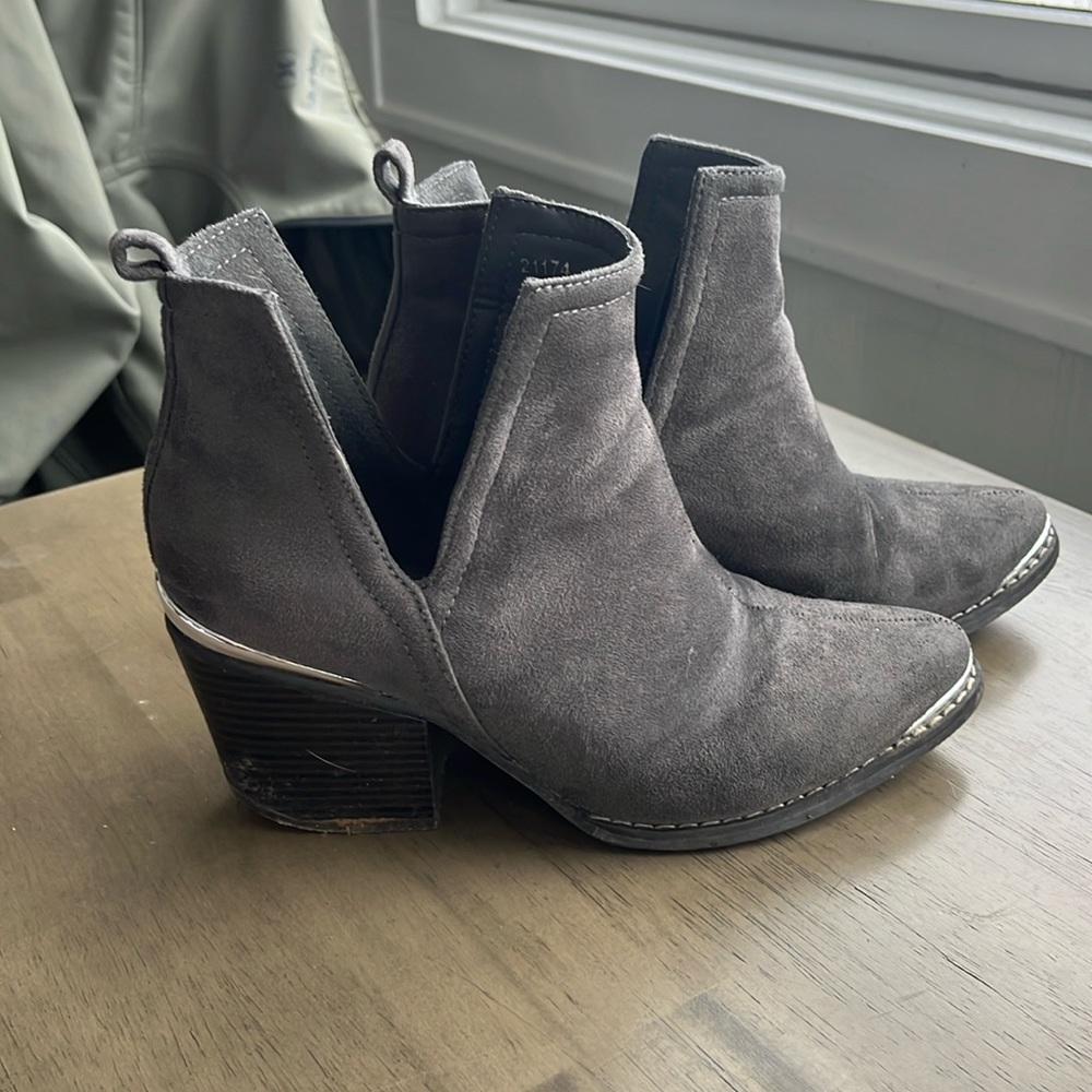 Gray faux suede, cowboy booties